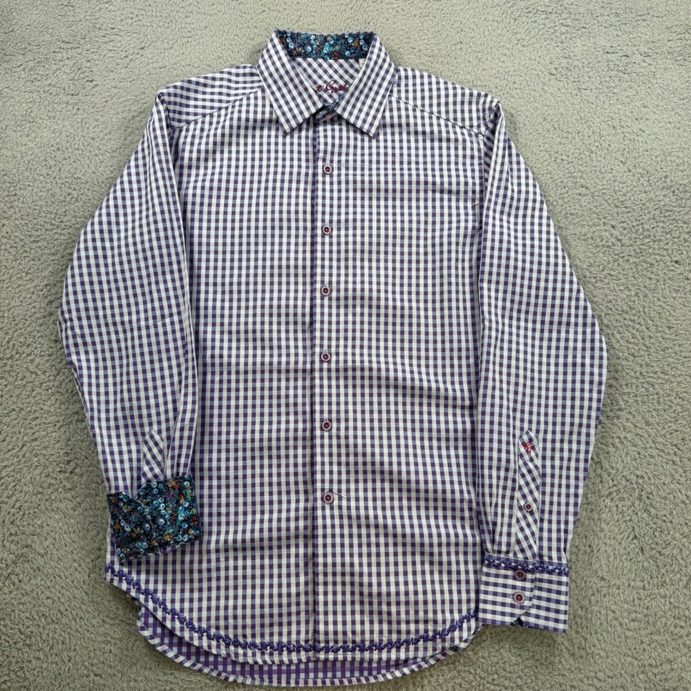 Robert Graham Mens Small Purple Gingham Check Floral Flip Cuff Button Down Shirt